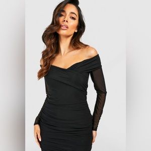 OFF SHOULDER RUCHED MESH BODYCON MIDI DRESS BLACK SIZE 10